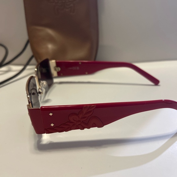 MCM Designer Sunglasses Red Logo Arms Gold Frame Rectangle w/ crossbody main image 4